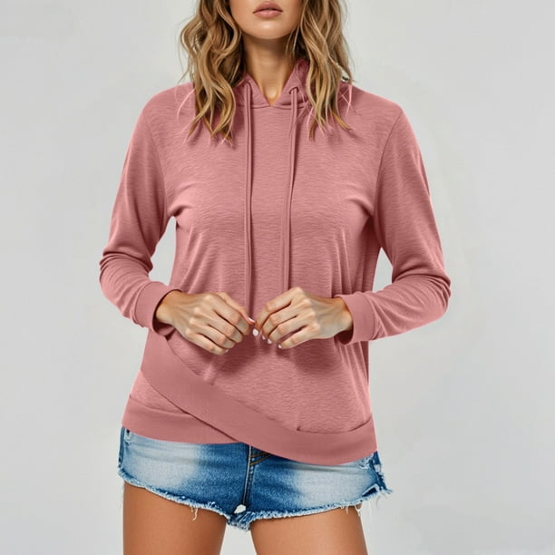 MHFRRA Sudadera Informal de Manga Larga con Capucha para Mujer, Color Liso, con Cordón, Suave y Cómoda, Estilo Urbano, Blusa Tipo Túnica a La Moda Rosa