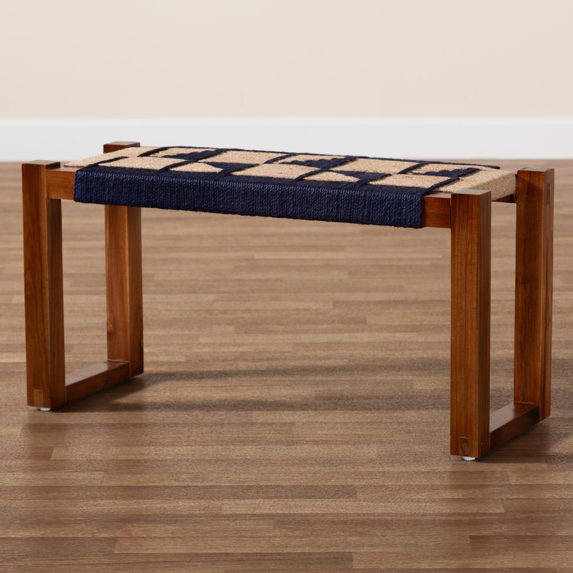bali & pari Jerilyn Modern Bohemian Two-Tone Navy Blue and Natura Brown Seagrass and Acacia Wood Accent Bench