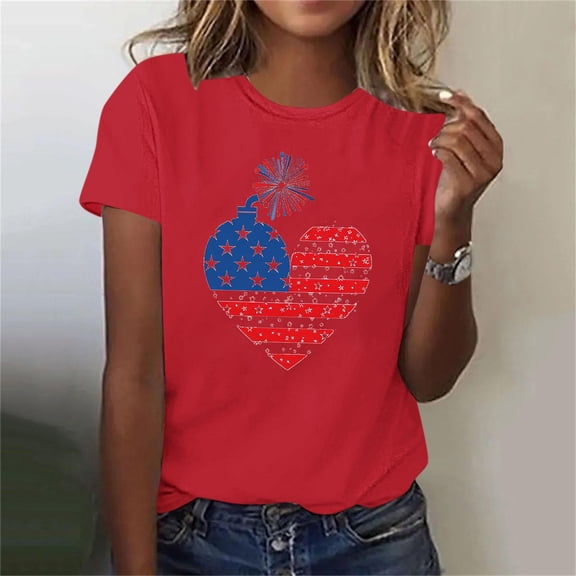 Xdegoge 4th of July Tops for Women Patriotic USA Shirt Heart Fireworks Graphic Tee Crewneck Short Sleeve Casual Loose Fit Soft Breathable Summer Independence Day Stars and Stripes American Flag