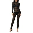 thumbnail image 2 of Musuos Women's Lace Skinny Bodysuit Long Sleeve Mock Neck Sheer Lace Jacquard Jumpsuit, Black, 2 of 10