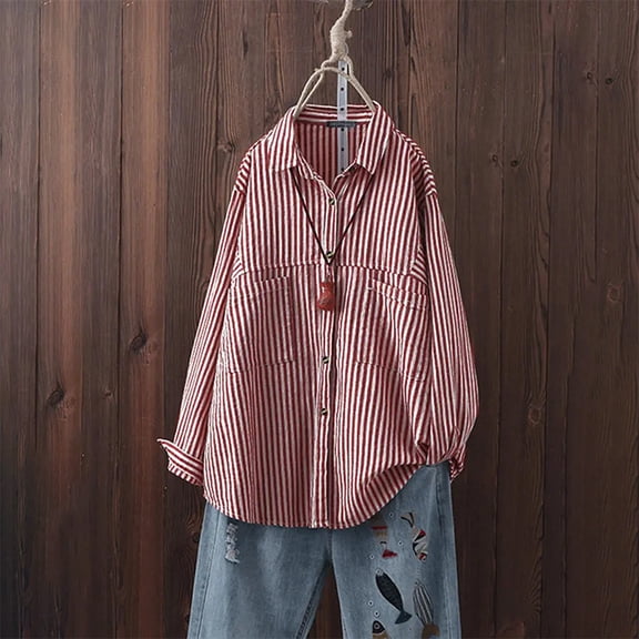 ICHUANYI 2023 Women's Button Down Loose Shirts Long Sleeve Blouses V Neck Casual Striped Print Tops with Pocket