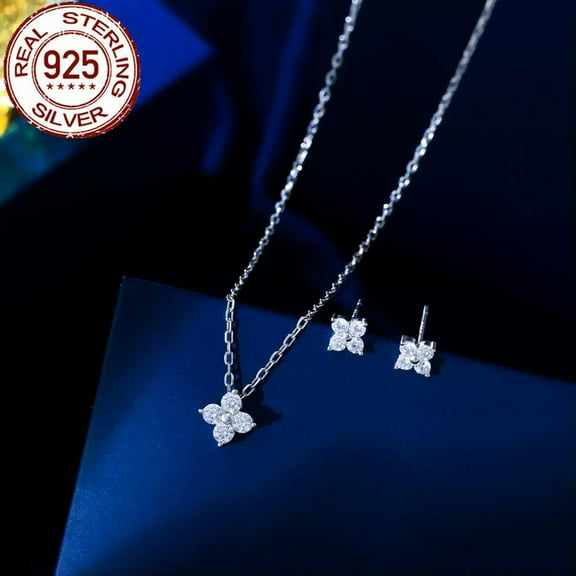 EOEMY Cz Flower Pendent Chain Link Necklace Earrings 925 Sterling Silver Jewelry Set