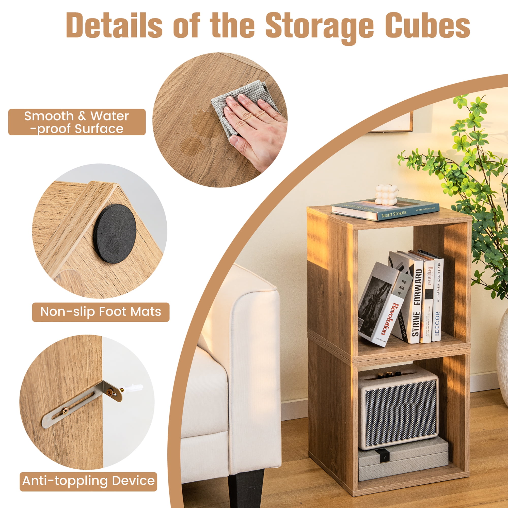 Costway 2 PCS Wood Stackable Storage Cube 2-tier Narrow Bookshelf Vinyl Record Organizer Natural