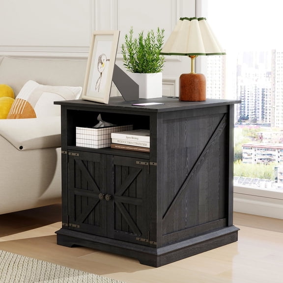 24" Farmhouse End Table with Charging Station, Adjustable Shelf & Open Storage, Wooden Black Night Stand for Living Room & Bedroom