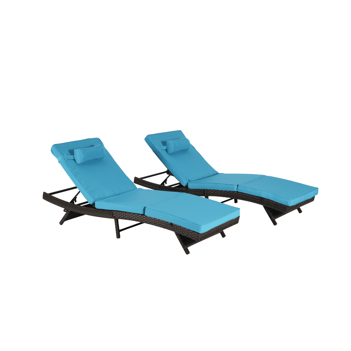 Outdoor Wicker Reclining Lounge Chair Set of 2, Adjustable 5-Position Backrest up to 150 ° , Sunbathing Chairs with Thick Cushions for Beach Poolside Garden, Blue