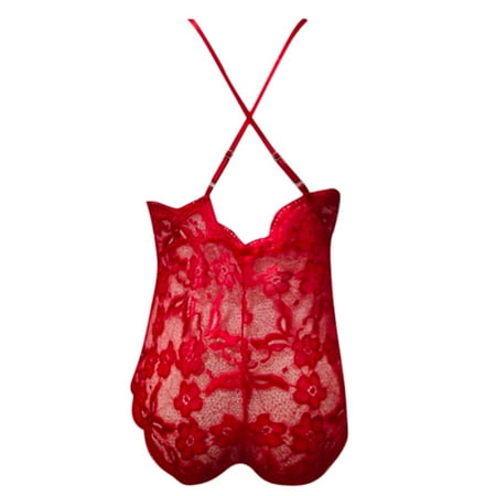 PEASKJP Women One Piece Lingerie Deep V Teddy Sexy Lace Bodysuit with Snap Crotch (Red S)