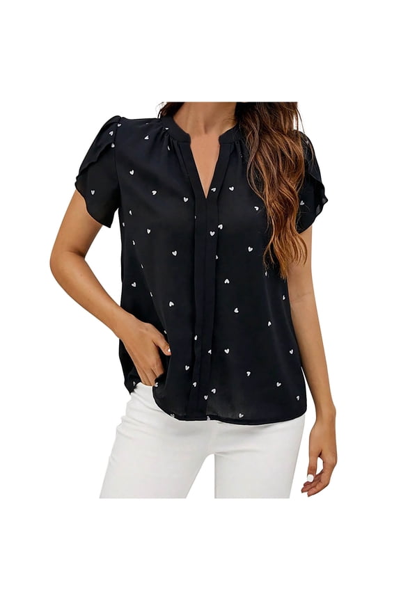 Womens Tops Casual Business Dress Shirts Petal Short Sleeve V Neck Loose Work Office Elegant Blouse
