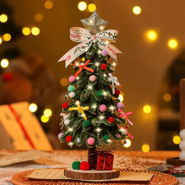 Decoración de árbol de Navidad | Diseño de palo retorcido • Luces de cadena LED • Plástico rojo verde • Textura suave de pelusa • Adornos de estrella y lazo • Decoración interior festiva de 12.1