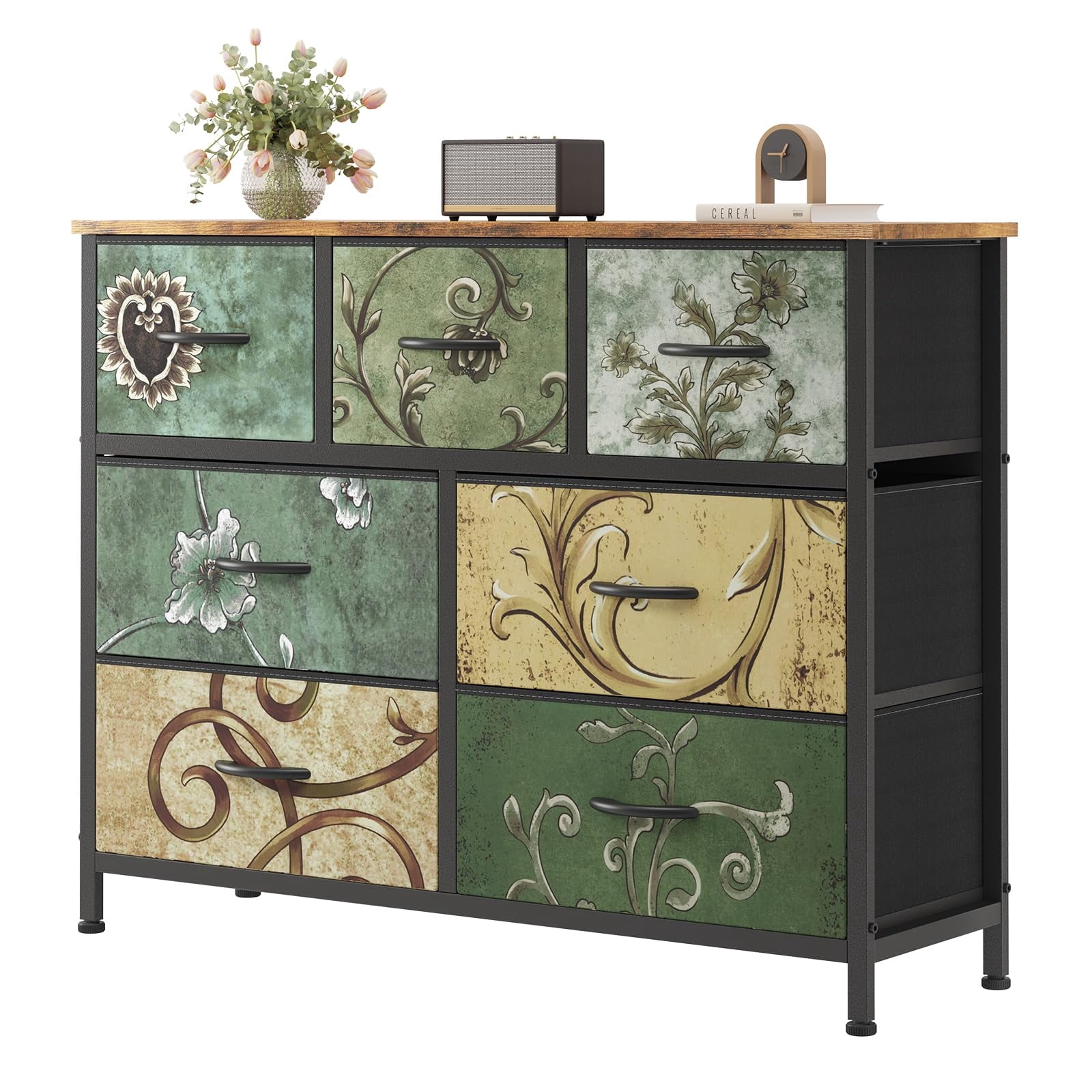 Telyra 7-Drawer Fabric Dresser TV Stand Organizer with Wood Top and Metal Frame Wide Storage Chest, Floral Painted