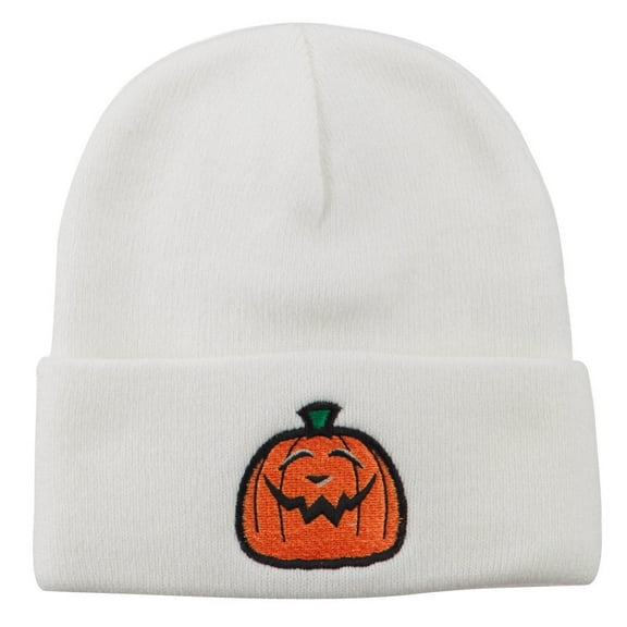 Halloween Goofy Jack o Lantern Embroidered Long Beanie - White OSFM