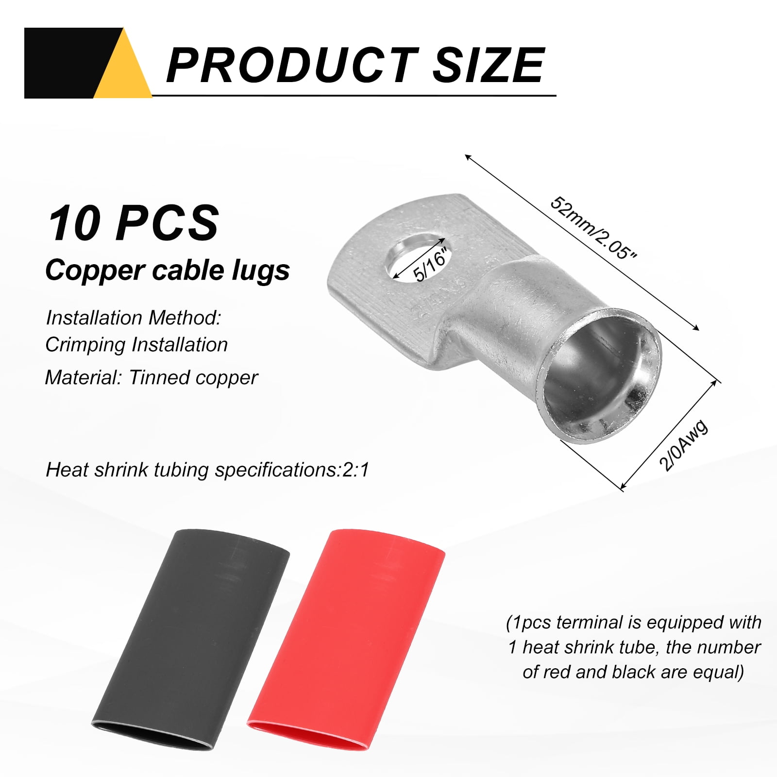 10pcs 2/0 AWG M8 Battery Lugs Ring Terminal, 5/16" 8mm Stud Crimp Wire Terminal Connector End Copper, 2:1 Heat Shrink Tubing, Silver