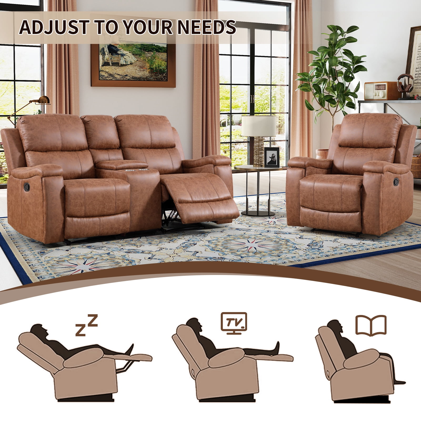 Bonzy Home Manual Reclining Chair Double Recliner Loveseat Sofa with Console Hidden Storage and Cup Holders,Sofa Set for Living Room