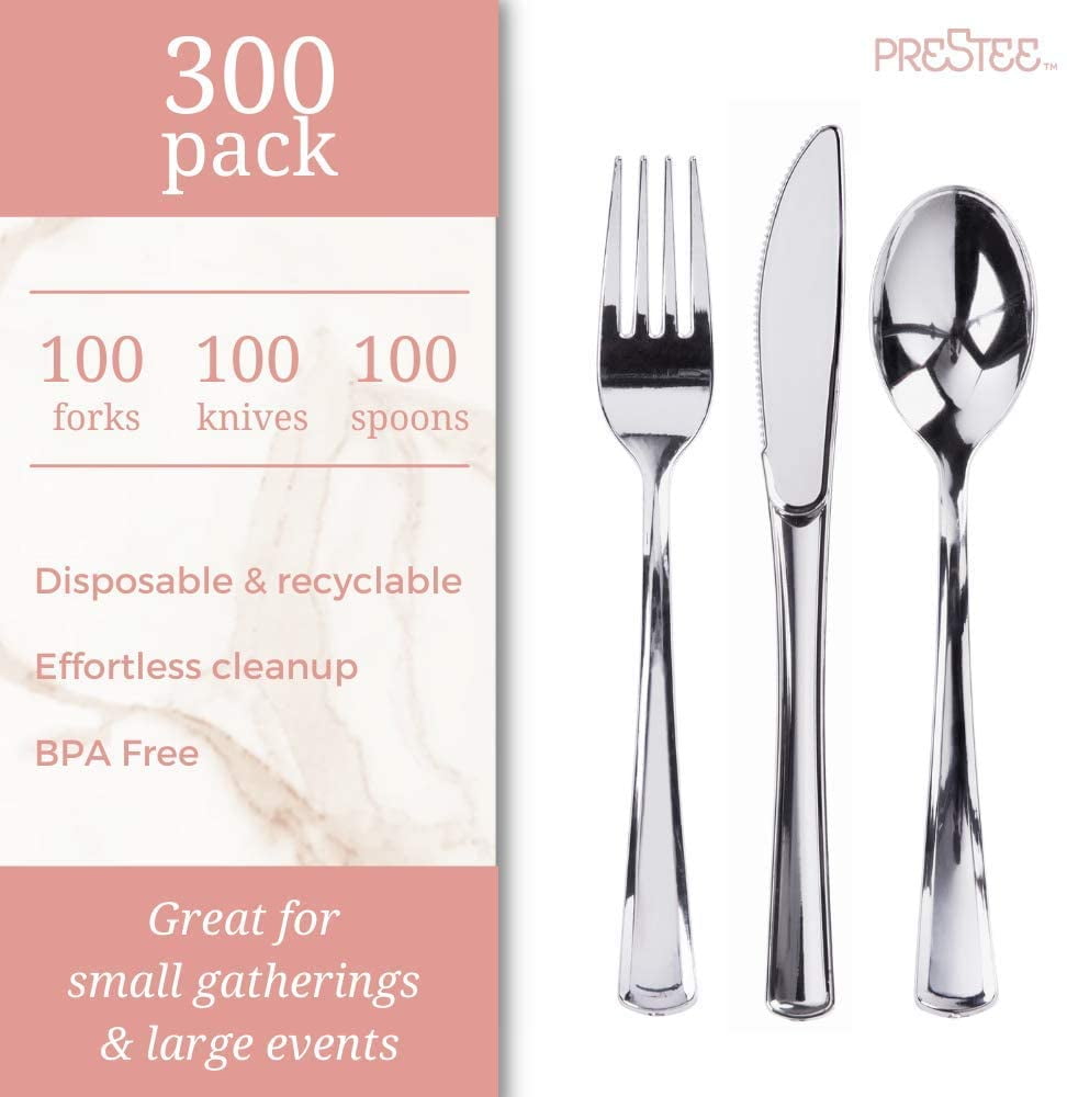 JL Prime 300 Silver Plastic Silverware Set, Heavy Duty Disposable Reusable Cutlery for Party & Wedding, 100 Forks, 100 Spoons, 100 Knives