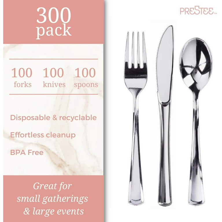 300 Plastic Silverware Set, Silver Plastic Cutlery Set