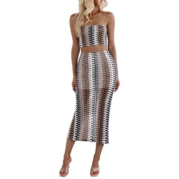 WRFWUL Womens Strapless Tube Top Midi Skirt Set Knitted Print Bodycon Two Piece Party Clubwear Dress Outfits Sets