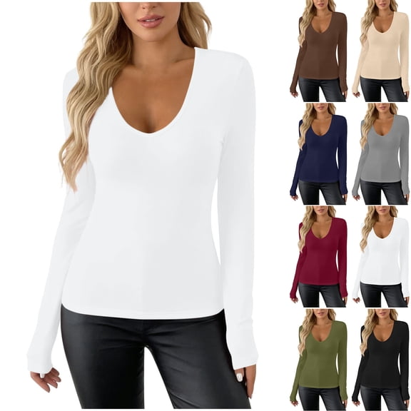 Miluxas Women's Spring Solid Basic Long Sleeve T Shirt V Neck Slim Fit Stretchy Base Layer Tops Casual thermal Undershirts White