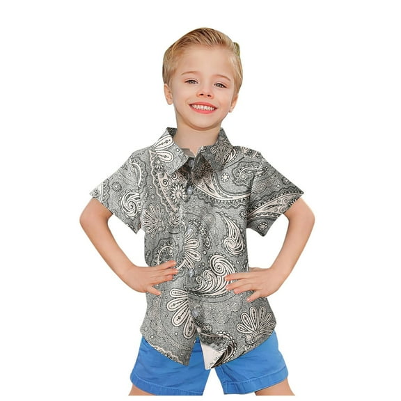 Bysome Boys Shirts Size 18-24 Months Summer Kids Hawaiiss Clothes Short Sleeve Floral Button Down Beach Shirts Toddler Boy Tops Grey