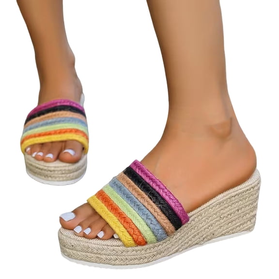 Platform Wedge Sandals for Women Summer Open Toe Espadrilles Color Block Braided Band Fashionable Slip on Slides Beige Size 6.5