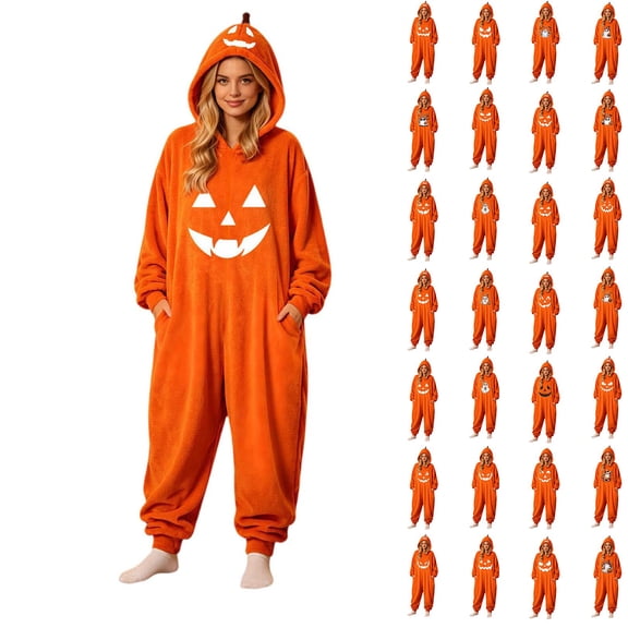 Halloween C'os_tu'me Pumpkin Jack O Lantern Hooded Adult Cosplay Halloween Pumpkin Pajamas with Hood Oversized 1 Piece Jumpsuit z01 Orange M