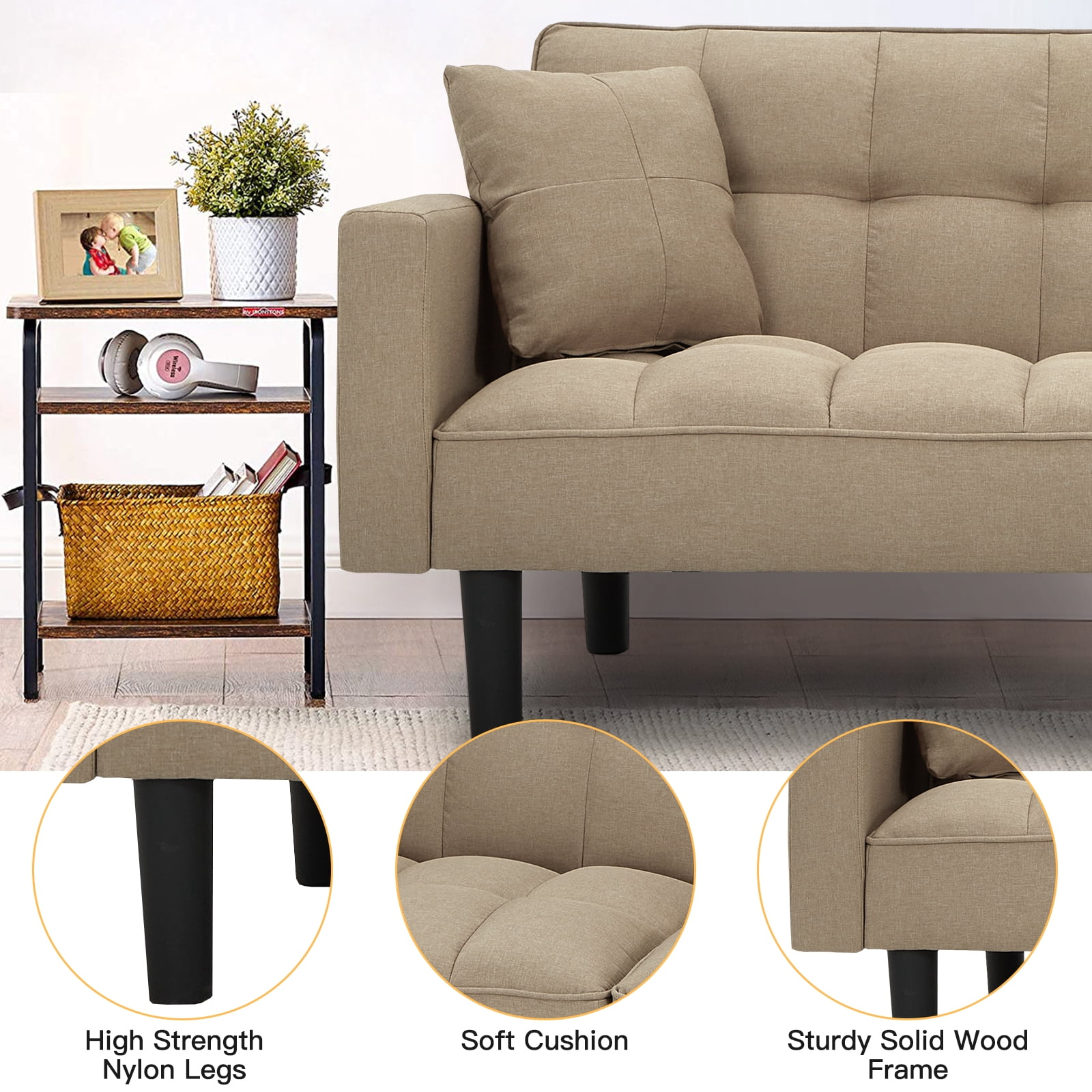 AVAWING Convertible Sofa Bed Upholstered Modern Folding Futon Sofa Bed Linen Fabric Tufted Couches with 2 Pillows, Adjustable Back and High Strength Nylon Legs for Living Room, Khaki