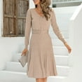 thumbnail image 5 of Fall Dresses for Women Long Sleeve Button V Neck Solid Color Belted Dress Pleated Elegant Casual Work Midi Dress, 5 of 7