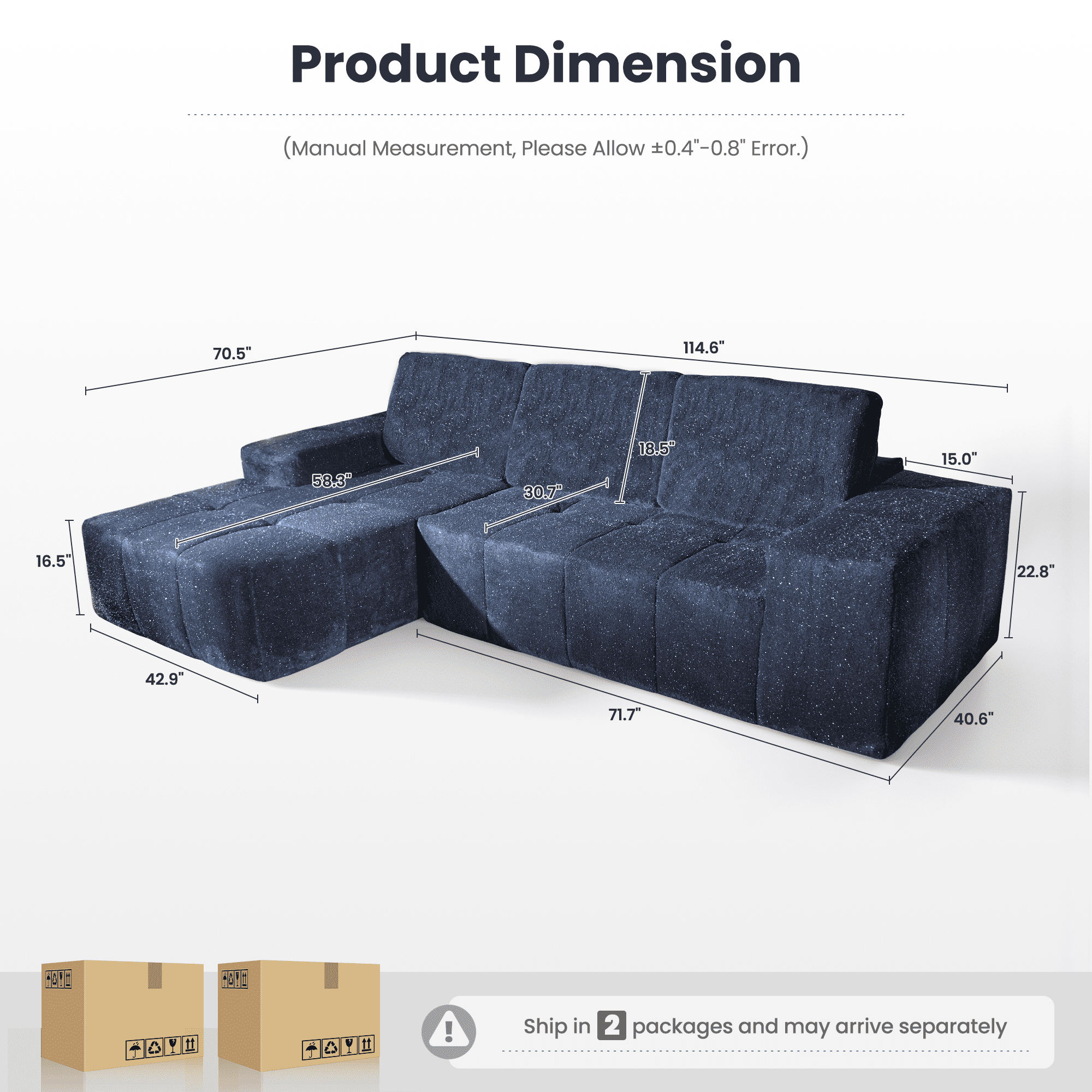 Ovios 116" L-Shaped Sectional Sofa Modern Modular Cloud Couch with Deep Seating Upholstered Sofa for Living Room Bedroom, No Assembly Required, Blue (Starry Sky)