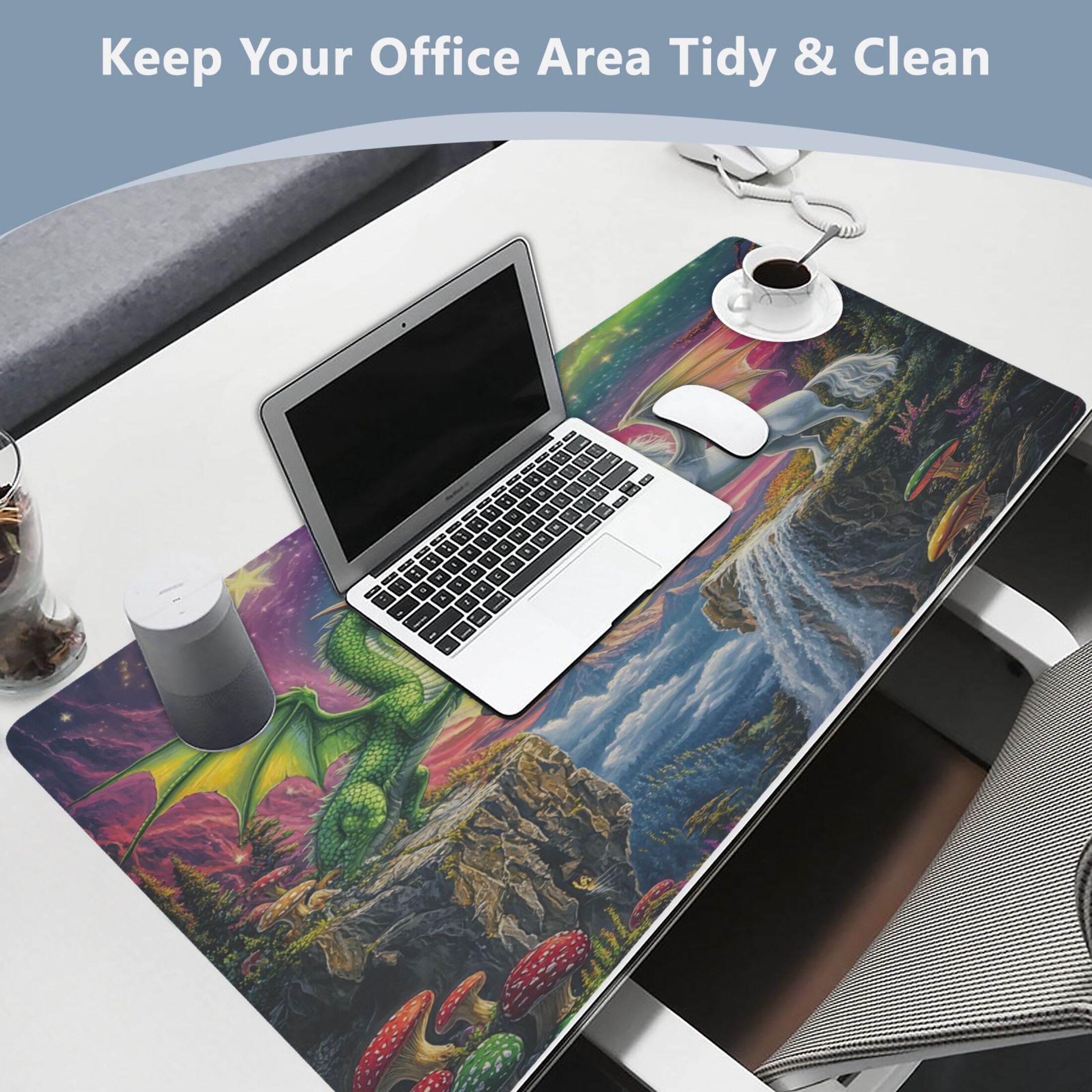 Leather Keyboard and Mouse Desk Mat Office Desk Accessories Protective Office Desk Decor Desk Pad Mat for Gaming, Work from Home, Office Green Dragon and White Unicorn 16.5" x 35.4"