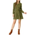 thumbnail image 2 of INSPIRE CHIC Women's Corduroy Tie Waist Button Front Vintage Mini A-Line Shirt Dresses Army Green S, 2 of 6