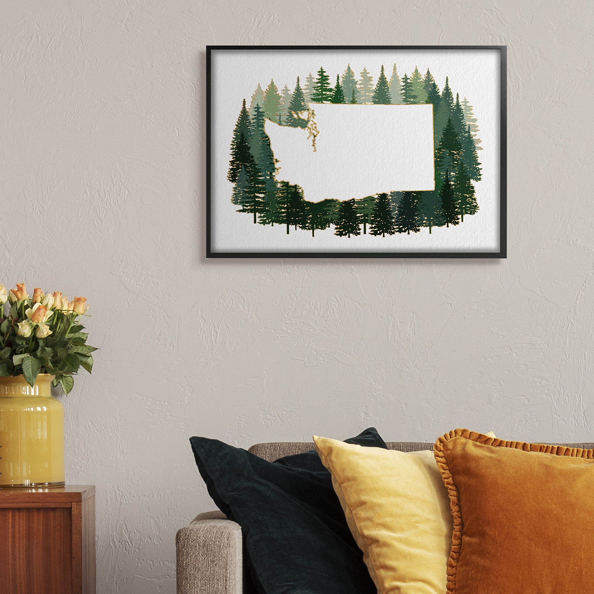 Stupell Industries Washington State Outline Pine Trees Green Forest Town & City Painting Black Framed Art Print Wall Art, 24 x 30