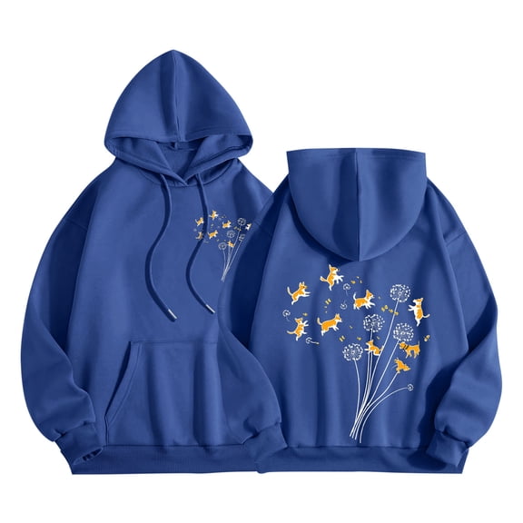 QTBIUQ Women Casual Printed Round Neck Long Sleeved Loose Hooded Sweatshirts Blue
