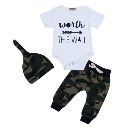 

3Pcs/Set Baby Boy Outfit Clothes Newborn Infant Toddler Romper Short Sleeve Onesie Camo Pants Hat