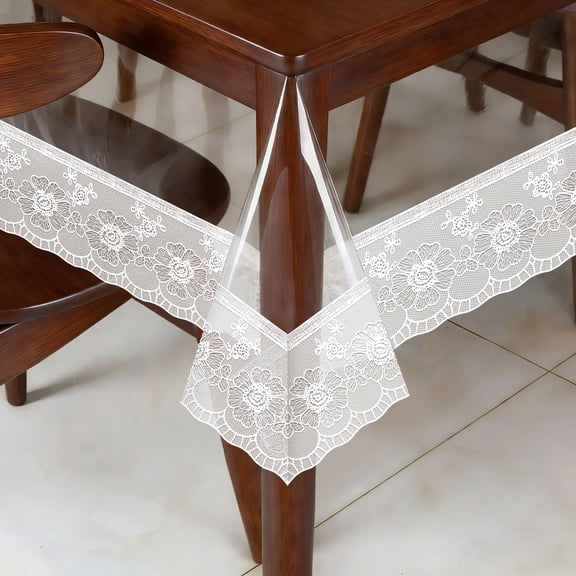 59" x 120" Clear Tablecloth Rectangle with White Lace Trim, Oil-Proof & Waterproof PVC Table Cloth, Clear Table Cover Protector for Kitchen Home Desk Party Camping