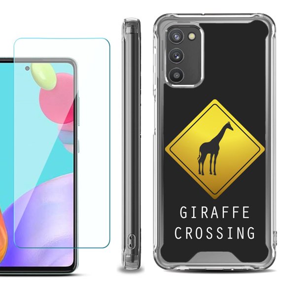 Shockproof Bumper Phone Case for Samsung Galaxy A03s, with Tempered Glass Screen Protector, by OneToughShield ® - Road Sign Giraffe
