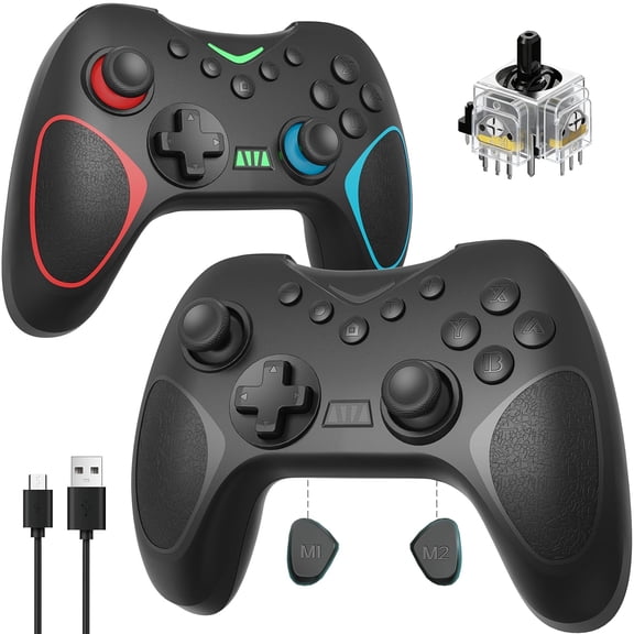 2 Pack Wireless Controller for Nintendo Switch/Switch 2/Lite/OLED/PC with Hall Effect Joystick, RGB Light Wake-Up, Turbo, Dual Vibration, Programmable Buttons
