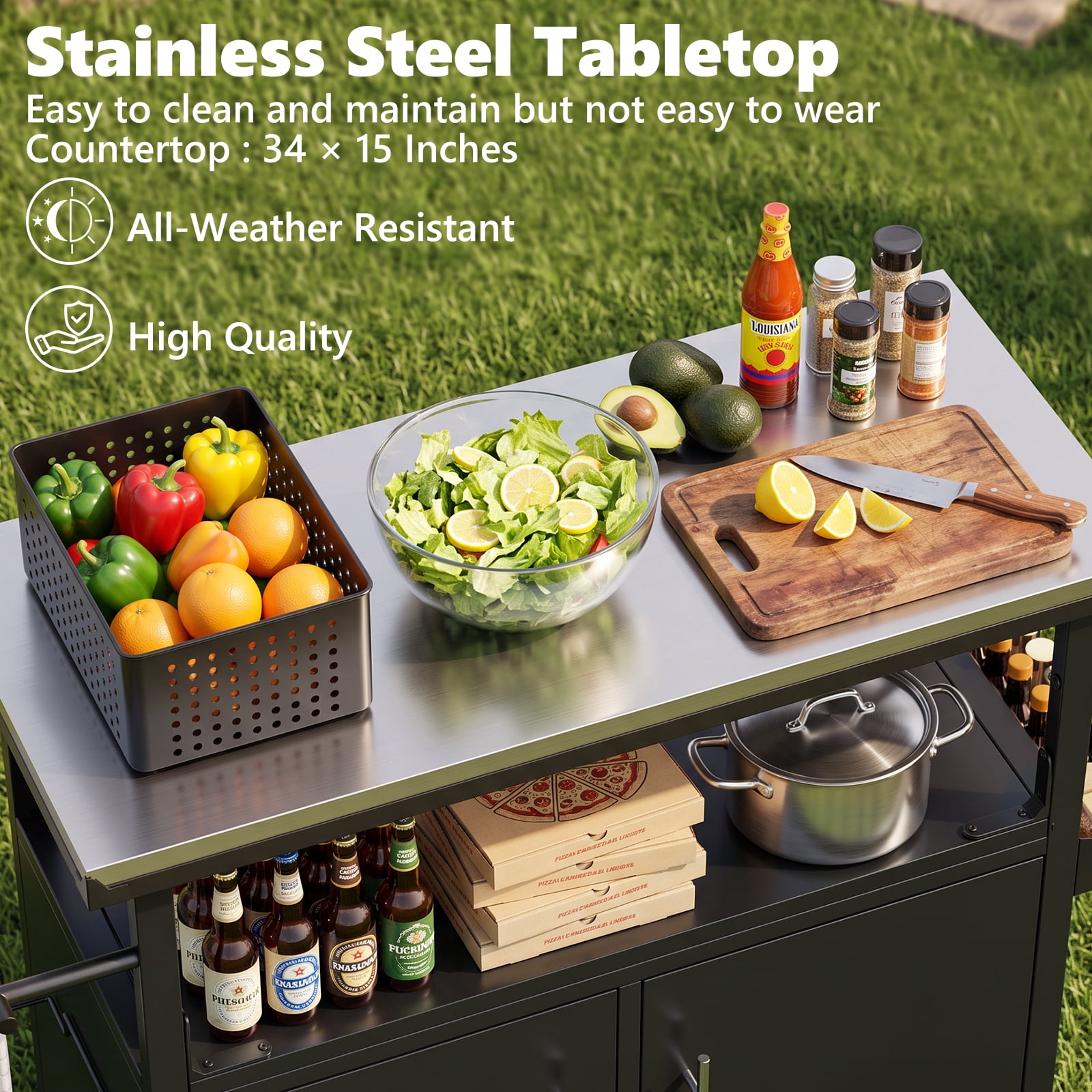 Outdoor Grill Cart with Patio Furniture, Outdoor Grill Table with Storage, Rolling Bar Cart Outdoor BBQ Cart with Towel Rack and Spice Rack for Grilling Accessories
