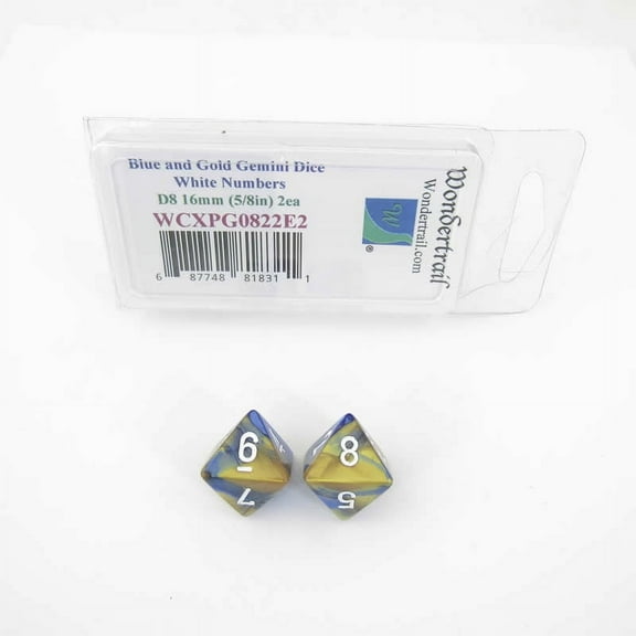 Blue and Gold Gemini Dice with White Numbers D8 Aprox 16mm (5/8in) Pack of 2 Wondertrail