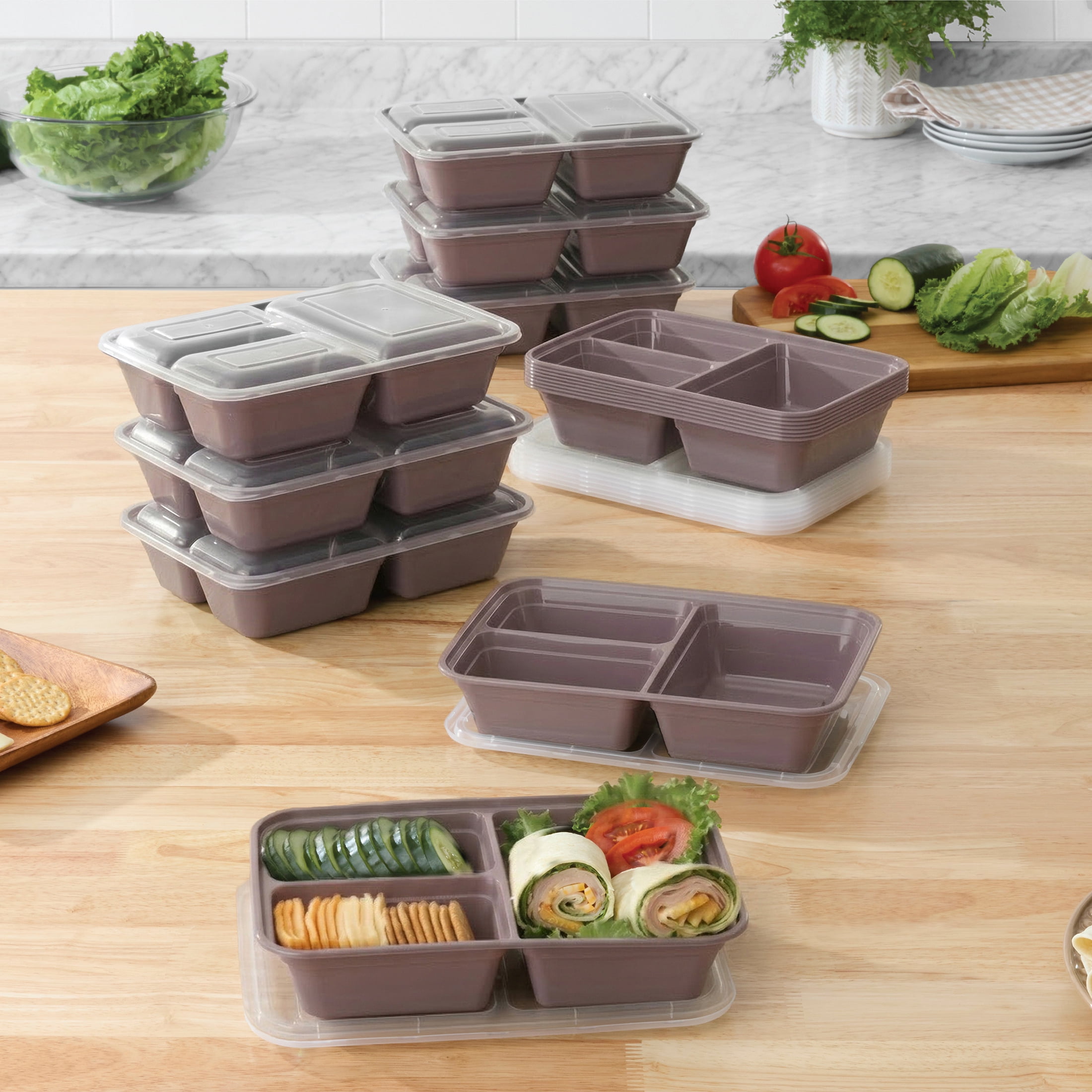 Mainstays 15-Pack 3-Compartment BPA-Free Meal Prep Food Storage Containers, Lilac Bloom