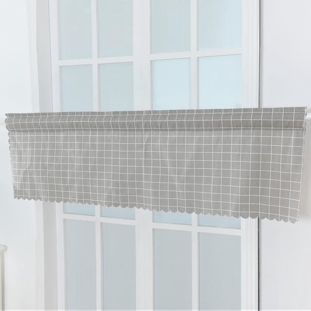 Cenefa corta de cocina con medias cortinas para ventanas opacas romanas (cuadros grises)