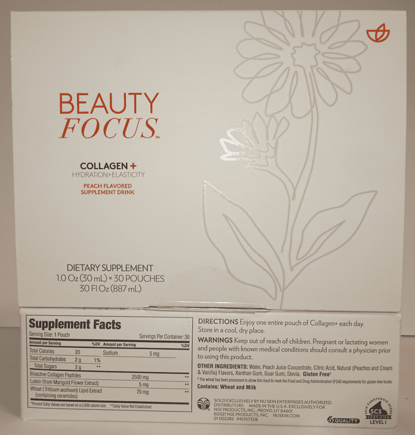 Nu Skin Nuskin Beauty Focus Collagen+ Hydration Elasticity Peach Flavored 30 Pouches 30fl oz 887ml (Single Box)