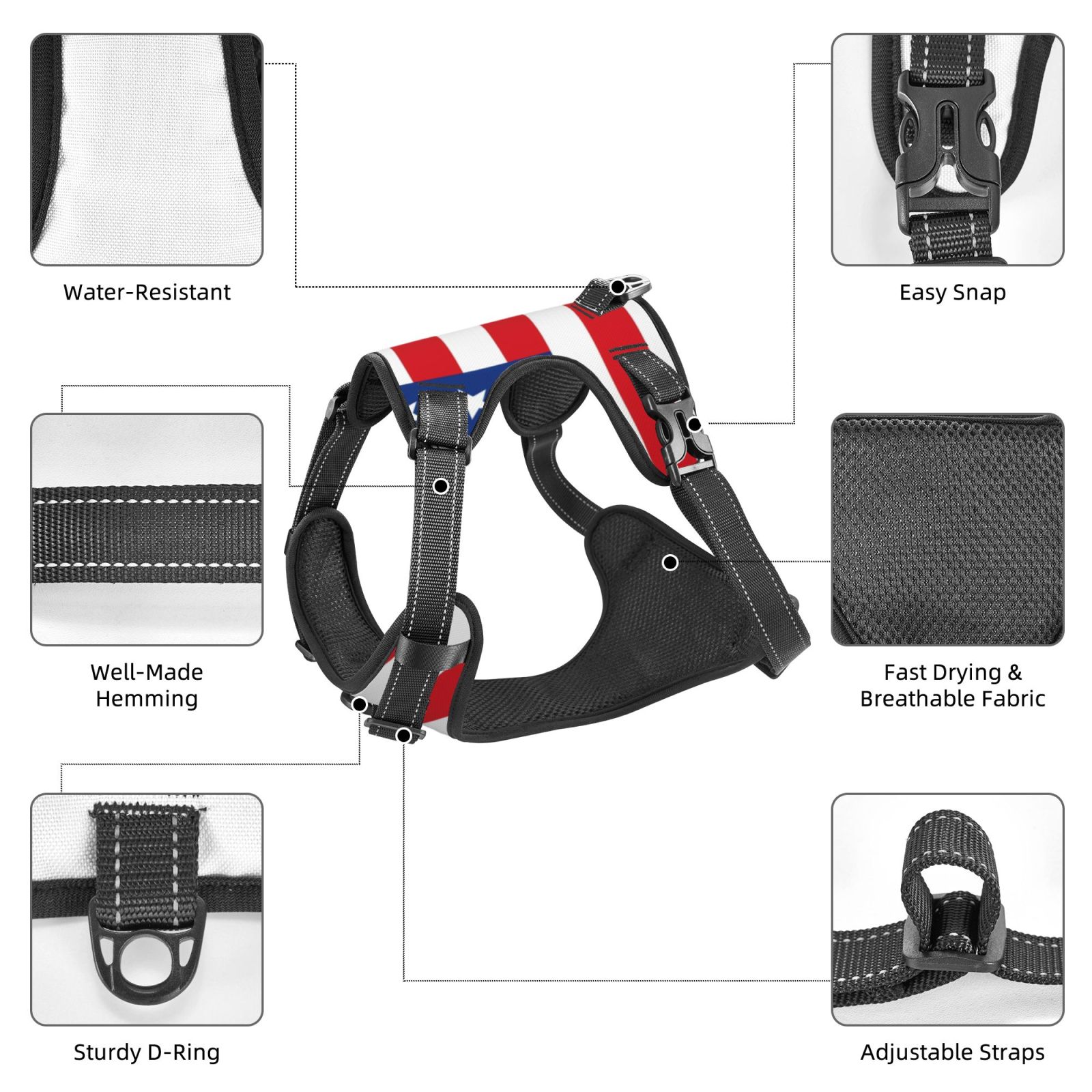 Kdxio America Flags3 Print No Pull Dog Harness Adjustable Reflective Oxford Easy Control Medium Large Dog Harness for Training and Everyday-