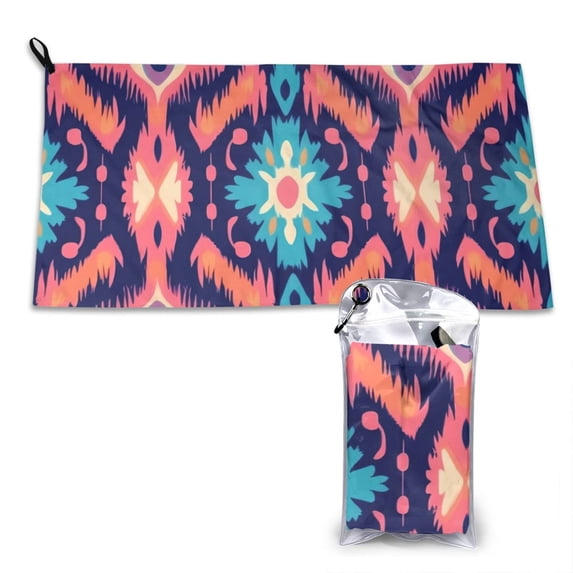 YFYANG Adult Microfiber Portable Travel Towel, Ikat Geometric Floral Quick Dry Towel with Hiking Buckle PVC Pouch, 16" x 31.5"