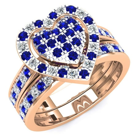 1.10 Carat (Ctw) 14K Rose Gold Round Cut Blue Sapphire & White Diamond Ladies Heart Shaped Bridal Engagement Ring With M