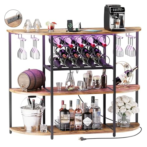 VICTONE Wine Bar Cabinet with LED Lights and Power Outlets, Freestanding Liquor Bar Cabinet Table with Glass Holder Wine Rack Table Mini Bar for Home Kitchen Dining Room