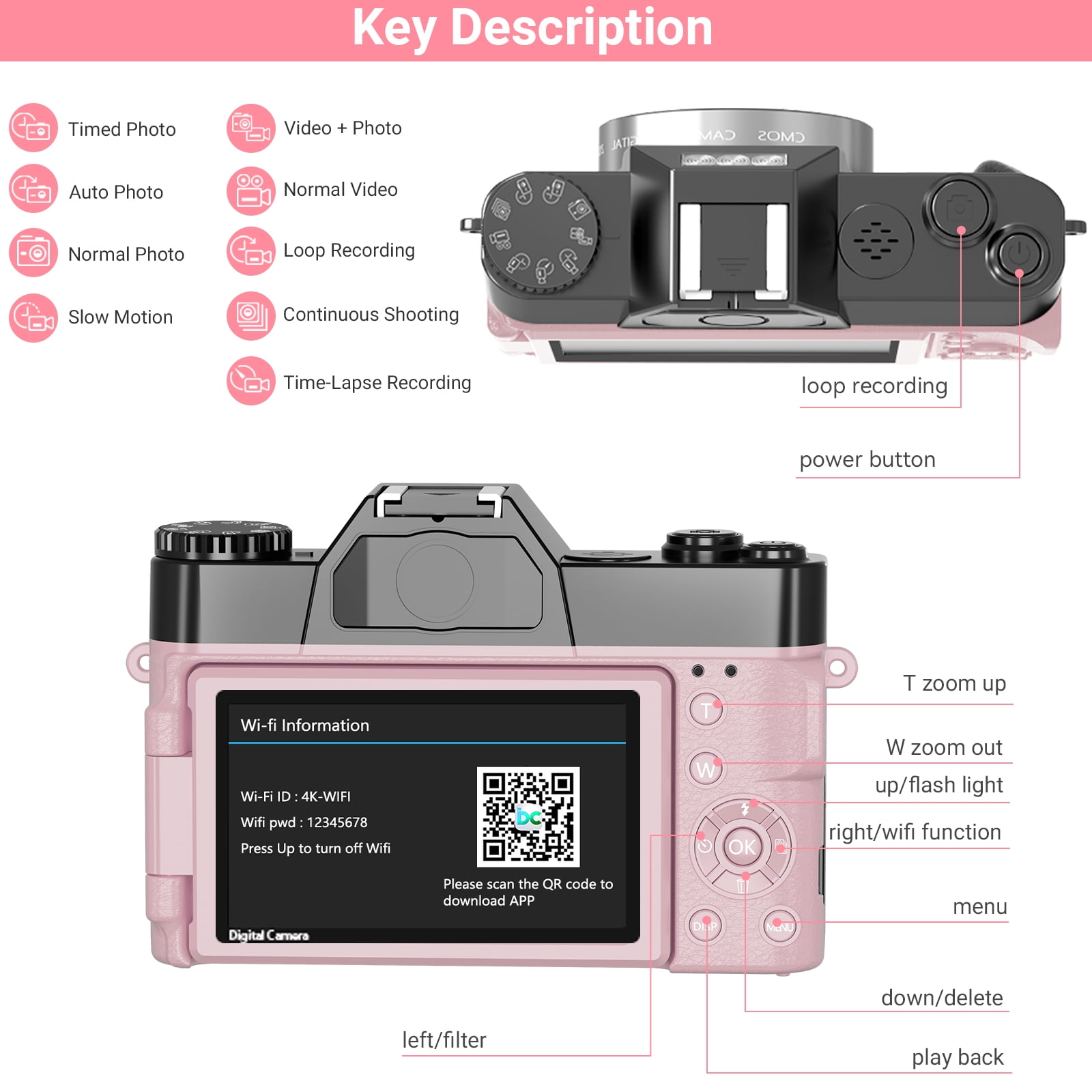 Saneen Digital Camera 6K 64MP Wifi Vlogging Cameras for YouTube 3''180° Flip Screen 16X Zoom 32GB SD Card 52mm Lens Pink