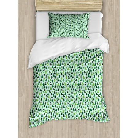 Northwoods Duvet Cover Set Twin Size Pattern With Silhouettes Fir