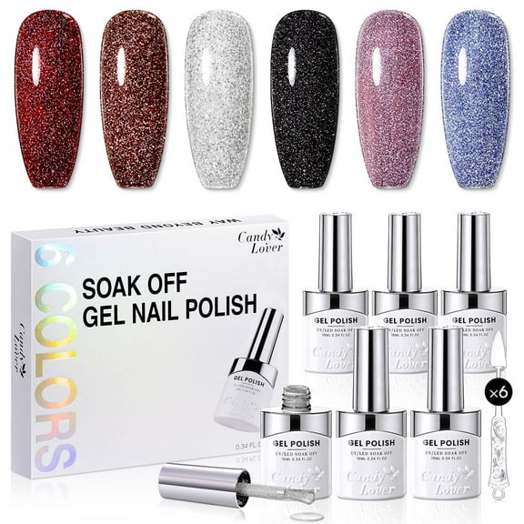 Candy Lover Gel Nail Polish, 6 Colors Glitter Red White Pink Blue Gel Polish Kit, Quick Dry Long Lasting Soak Off UV LED Nail Polish, DIY Nail Art Gift Set for Women