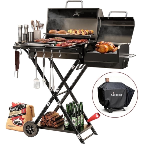 KScocina Barrel Charcoal Grill with Offset Smoker, 2-in-1 Foldable Suitcase BBQ Combo, 600 sq. in. with Waterproof Cover, for Outdoor Grilling and Backyard Cooking, Black