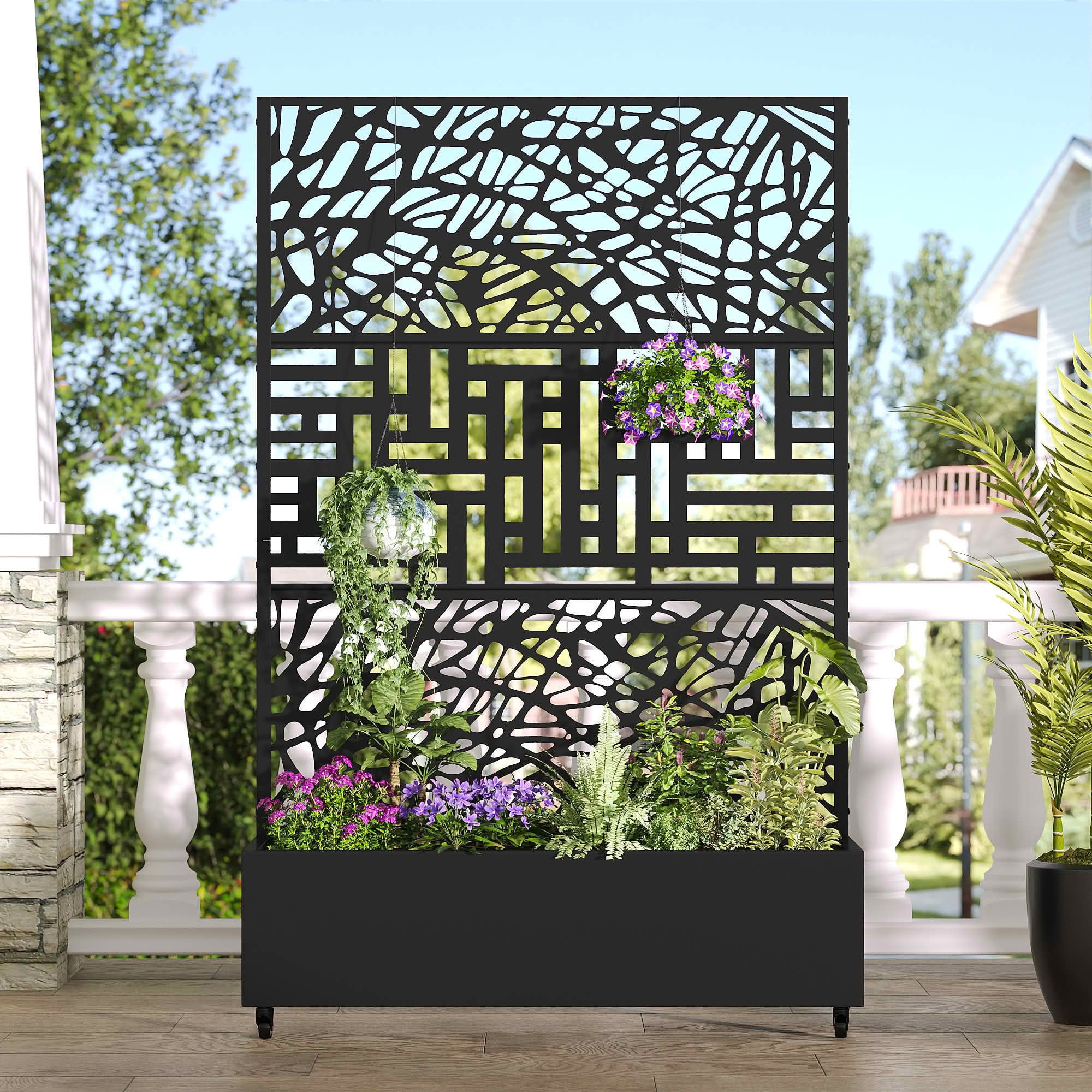 MAYEERTY 72x47x16 Inch Black Metal Planter Box with Trellis for Outdoor Garden & Patio
