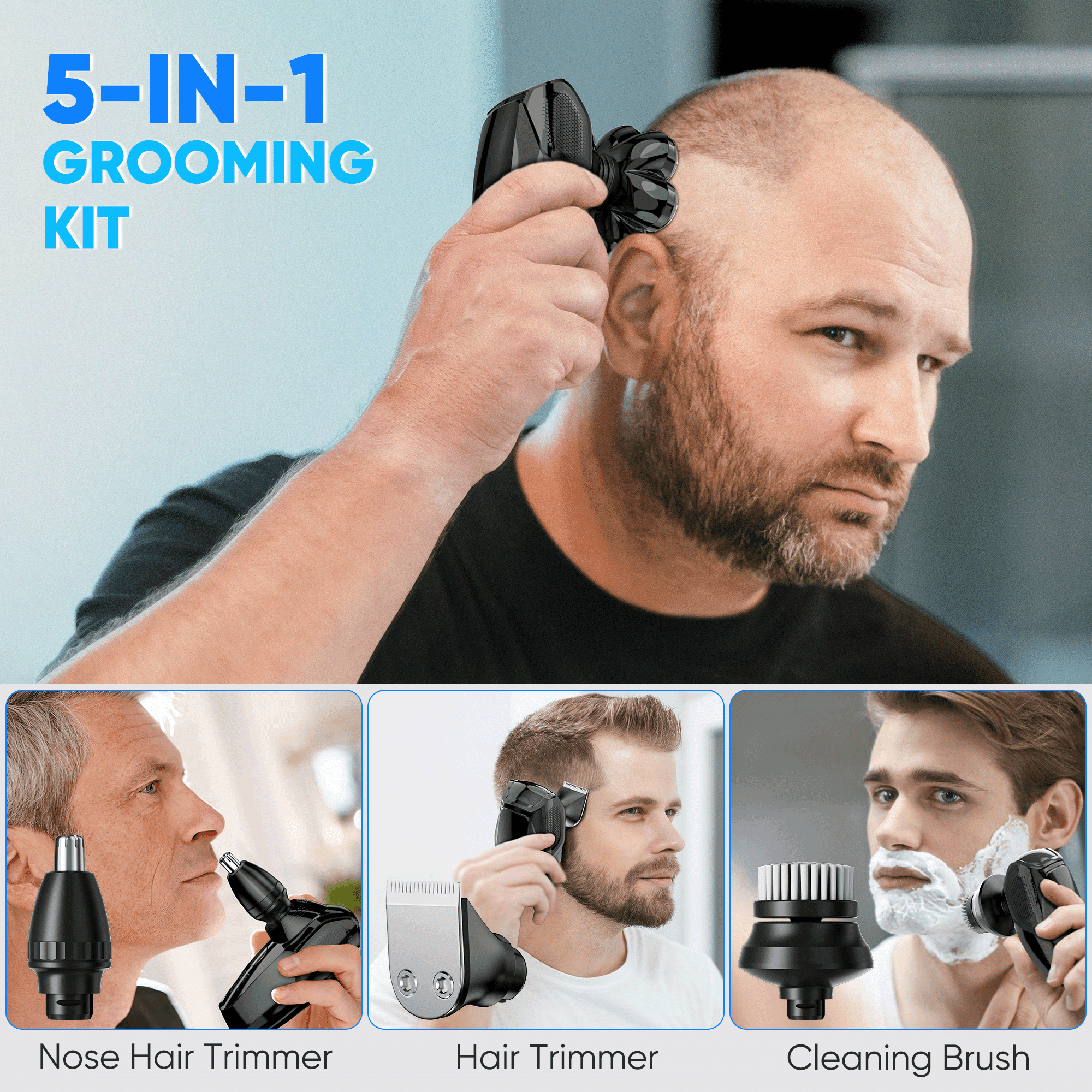 VIIWII 7D Electric Head Shaver for Men – 5-in-1 Bald Head Shaver Kit, Waterproof IPX7 Wet/Dry Shaving, LED Display, Type-C Fast Charge, Cordless Razor for Face, Body & Nose/Beard Trimming