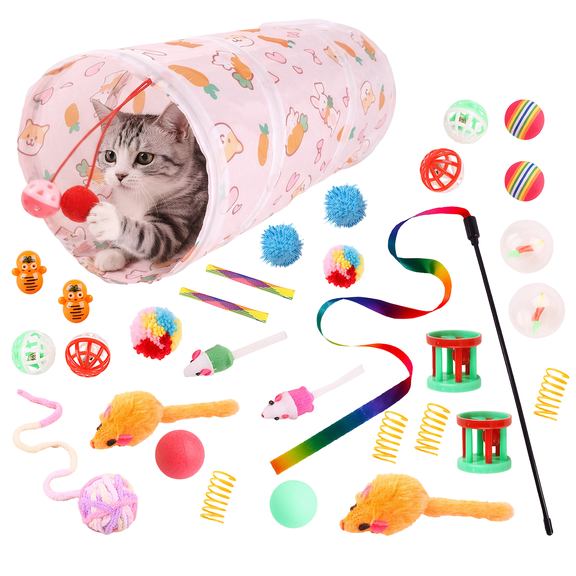 OEIKPFN 31Pcs Cat Toys Kitten Toys, Interactive Kitty Toys with Collapsible Cat Tunnels Tent, Cat Wand Catnip Feather Teaser